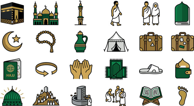 Islamic Hajj and Umrah Pilgrimage Vector Icon Set with Kaaba, Mosque, Pilgrim Characters, Quran, Praying Hands, and Mecca Ritual Illustrations