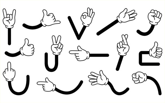 Vintage cartoon hands collection in white gloves showing various gestures for comic mascot design.