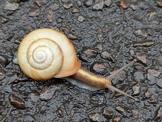 a snail of the genus Euhadra with a golden body and a light-colored shell © mschauer