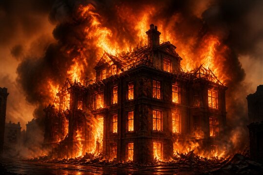 Large house fully engulfed in flames during urban fire scene