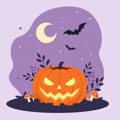 Fototapeta premium Spooky Halloween Jack-o'-Lantern Pumpkin with Amanita Mushrooms and Bats on Purple Night Background