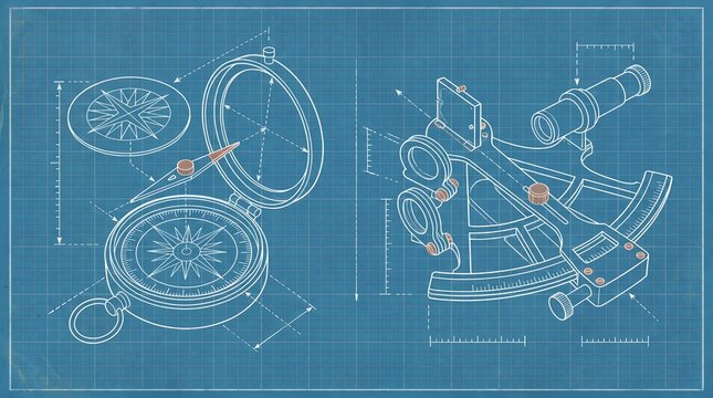 Exploded engineering diagram of a compass and sextant for maritime navigation