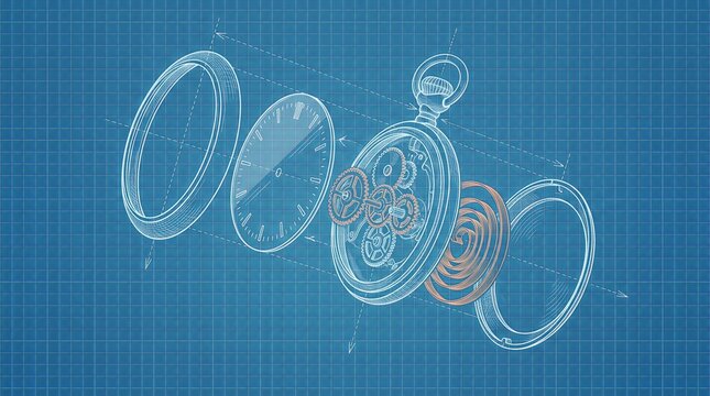 Schematic breakdown of a pocket watch revealing internal clockwork gears