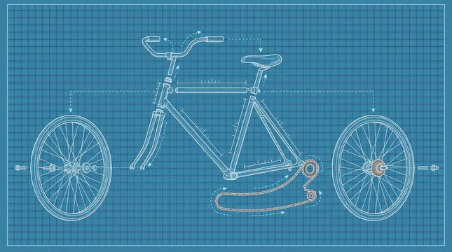 Mechanical diagram of a bicycle frame with chain and wheel components