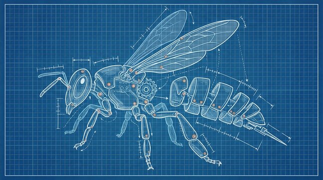 Blueprint diagram of a mechanical bee revealing internal gears and joints