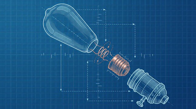 Wireframe breakdown of a light bulb showing filament and socket parts