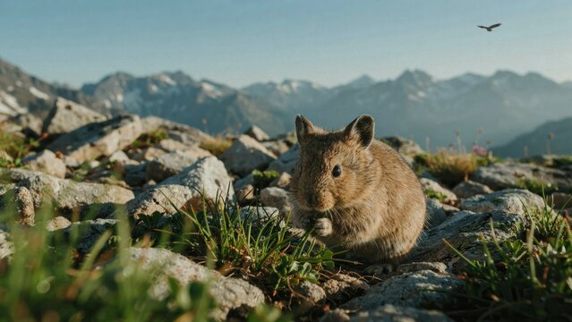 A cute pika sitting on rocky mountain terrain in the wilderness.
