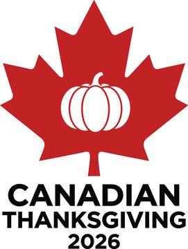A vibrant vector illustration celebrating canadian thanksgiving featuring a red maple leaf with a white pumpkin at its center symbolizing gratitude and harvest