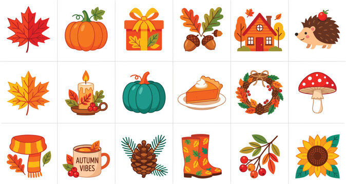 A vibrant and festive assortment of thanksgiving vector graphics featuring classic fall elements such as maple leaves pumpkins presents and heartwarming scenes for