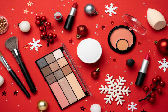 Christmas cosmetic, make-up products with holiday decorations.