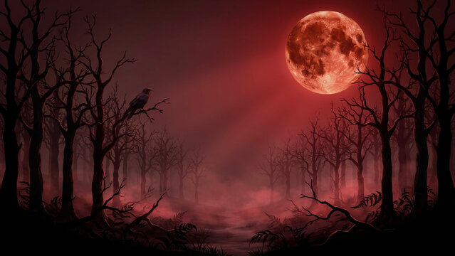 Eerie blood moon over a dark, spooky forest, a haunting red sky illuminating bare trees and a lone crow, perfect for horror and Halloween themes.