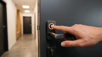Naklejka premium Modern Dark Steel Apartment Door Handle with Glowing Biometric Fingerprint Sensor and Minimalist Corridor Background