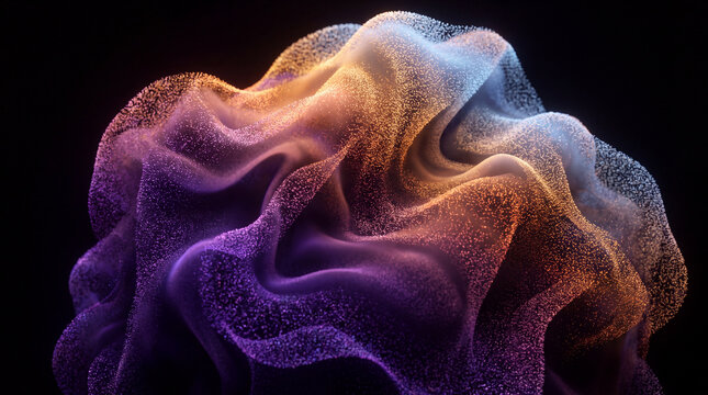 An abstract 3D digital artwork featuring a wave-like structure composed of millions of tiny particles with a vibrant purple and orange gradient on black.