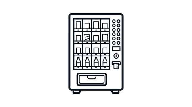 Minimalist black outline vending machine icon showcasing snacks and cold beverages in a clean vector style