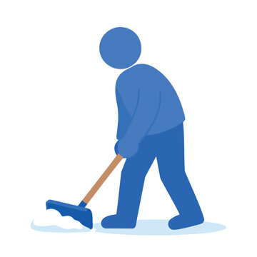 Abstract blue person shoveling snow with a blue snow shovel