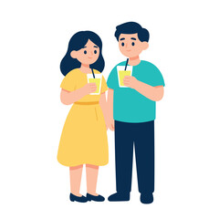 Obraz premium Happy couple holding glasses with yellow drinks and straws together
