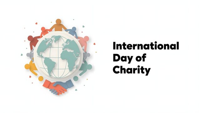 International day of charity graphic design featuring handshake and globe with colorful human icons