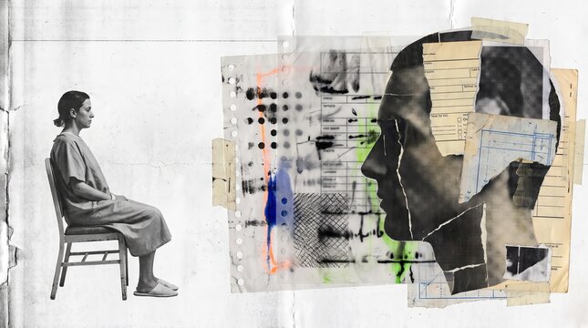Woman seated facing a silhouette profile built from paperwork