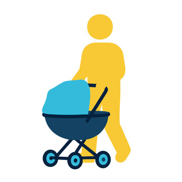 Yellow person silhouette pushing a blue stroller on a white background