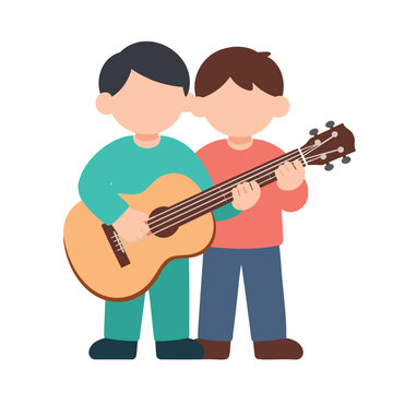 Two people playing acoustic guitar together in a flat design style