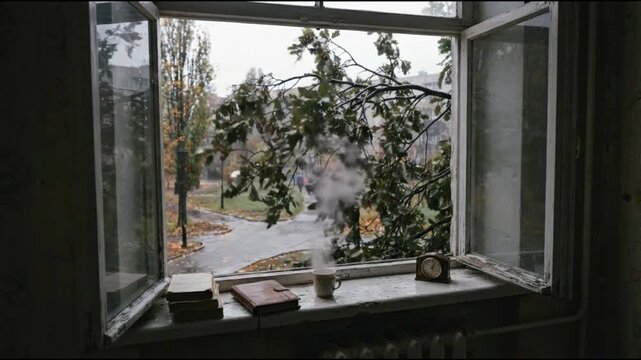 A branch outside the window in the rain.