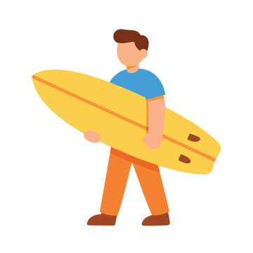 Man in blue shirt and orange pants carries a yellow surfboard walking