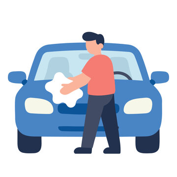 Man cleaning the hood of a blue car with a white cloth
