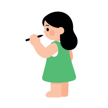 Cute cartoon girl with black hair wearing a green dress and holding a pen