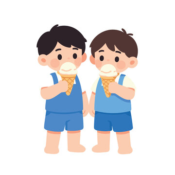 Two cartoon boys with black and brown hair eating ice cream cones together