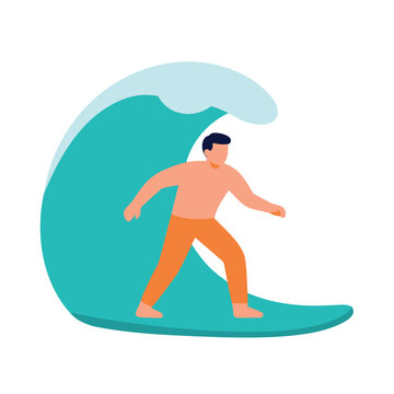 Man surfing on a blue wave in the ocean, flat design