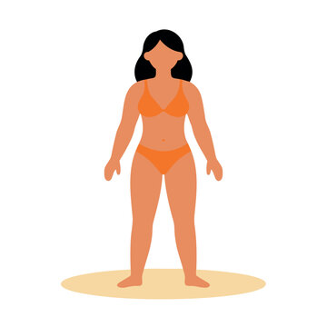 Flat illustration of a woman standing on a beach in an orange bikini