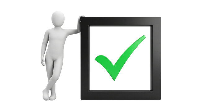 White 3d character leaning on a large black frame featuring a big green check mark signifying approval and success of a project on a transparent background.
