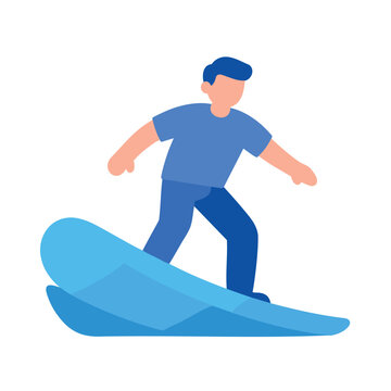 Stylized person snowboarding down a blue abstract wave with simple forms