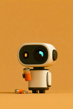3D AI Robot, Recharging and Maintenance Concept with Cute Camera Eyed Robot Holding Battery Cell