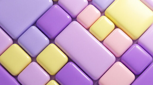 A modern abstract background featuring a pattern of colorful, soft, glossy 3D rectangles in pastel purple, pink, and yellow hues with soft lighting.