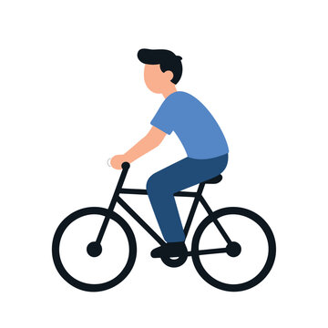 Man riding a bicycle with a blue shirt and dark pants