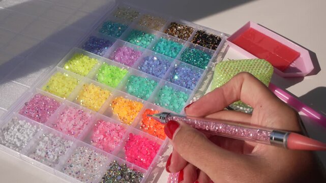 Horizontal 4K close-up of a woman&rsquo;s hand picking up a bedazzling pen and sparkling rhinestones to create a glamorous DIY design. Creative crafting process with a trendy beauty and handmade aesthetic