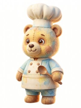 Detailed 3D Figurine of an Artisan Teddy Bear Chef, Featuring unique Watercolor-Wash Fabric Textures and Splatters, Holding a Wooden Spoon, in a Toque and Chef's Jacket, for a Charming and Playful Cul