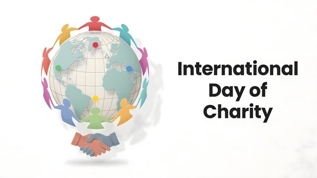 International day of charity graphic design featuring handshake and globe with colorful human icons
