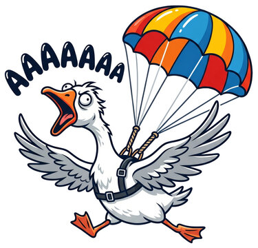 Cartoon goose screaming while descending with parachute on transparent background. Funny bird character with harness falling. Adventure, extreme sport, comic sticker design concept.