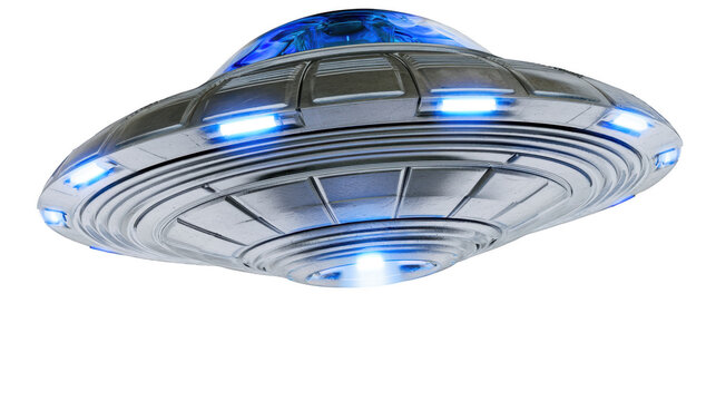 Classic saucer shaped UFO spacecraft isolated on white background with glowing blue lights