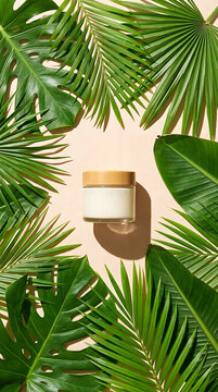 Tropical Skincare Cream Jar Surrounded by Lush Green Palm Leaves for Summer Vacation and Natural Beauty brazilian tropical summer vacation
