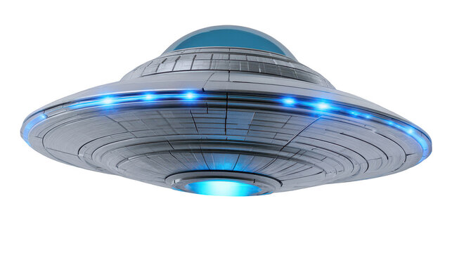 Classic saucer shaped UFO spacecraft isolated on white background
