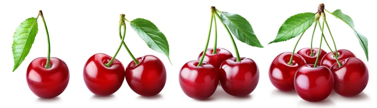 Four arrangements of red cherries from a single berry to small stemmed bunches with green leaves isolated on transparent background.