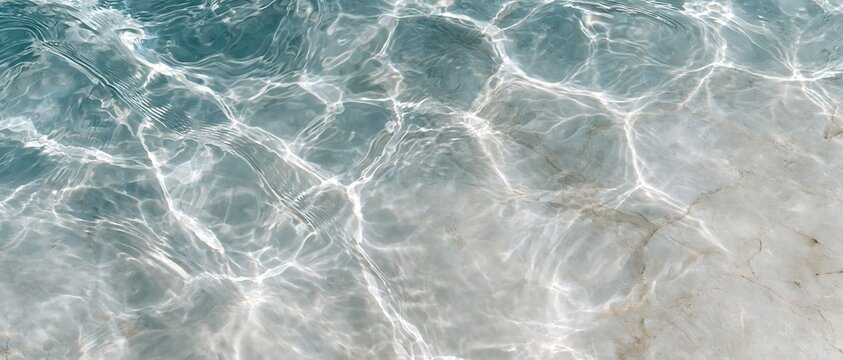 Clear turquoise water surface with bright sunlight caustic pattern ripple