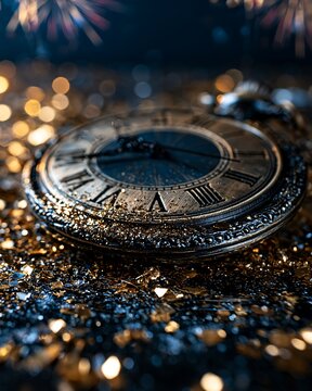 Vintage pocket watch ticking near midnight with festive glitter and bokeh