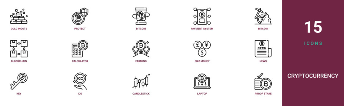 Set of 15 outline web Cryptocurrency icons such as proof of stake, laptop, candlestick, ico, key, news, fiat money vector icons for report, presentation, diagram, web design, mobile app