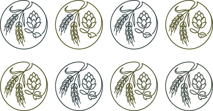 Minimalist brewery line art icon set featuring elegant continuous single line circular vector illustrations of hop cones and wheat spikes for beer branding