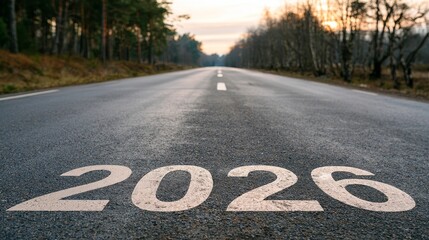 Obraz premium The Number 2026 Displayed on an Empty Road, Symbolizing New Year Goals, Planning, Tasks, and the Journey Ahead.