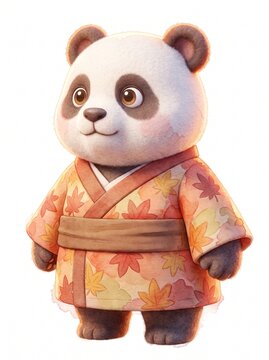 An enchanting, textured 3D digital rendering of a plush panda bear figurine, standing and dressed in a traditional Japanese kimono. 